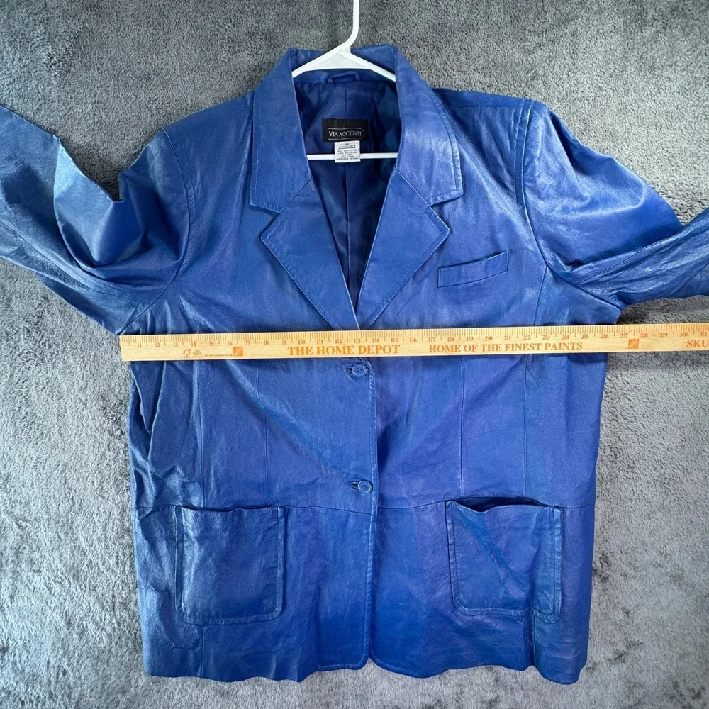 Via Accenti Blue Leather Blazer Jacket Womens Size 18 Cobalt Blue Vintage Style‎